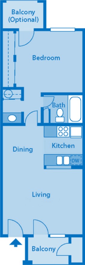 Floor plan for 1 bed, 1 bath, 600 sqft